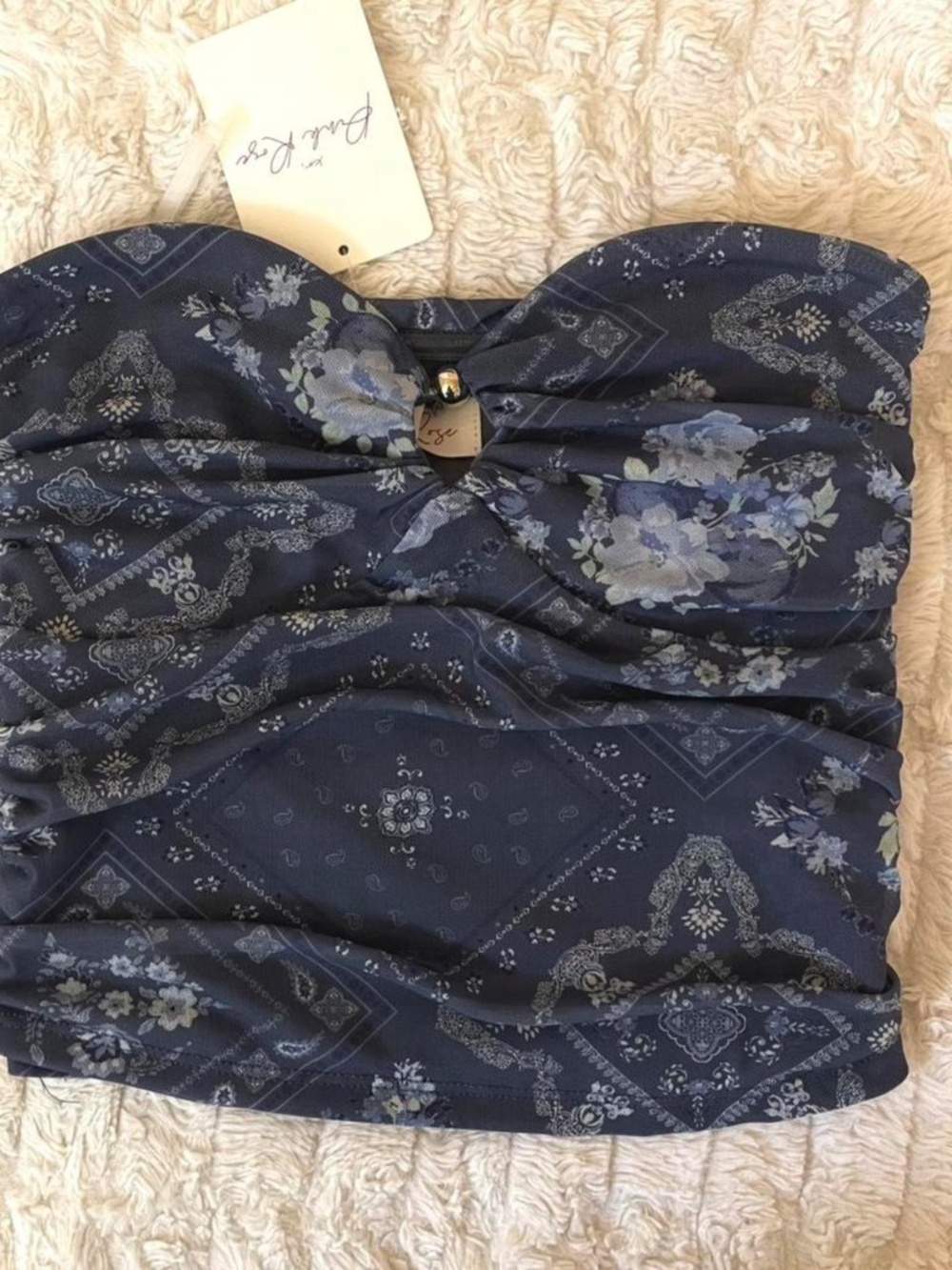 NWT Pink Rose Blue Floral Paisley Ruched Strapless Tube Top Size S Y2K Cottageco